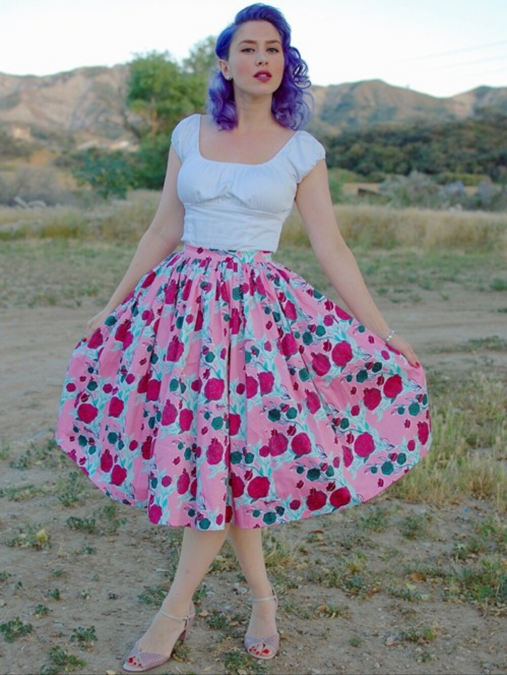 Pinup Couture Mary Blair Peach Skirt with Red Rose And Lips Print